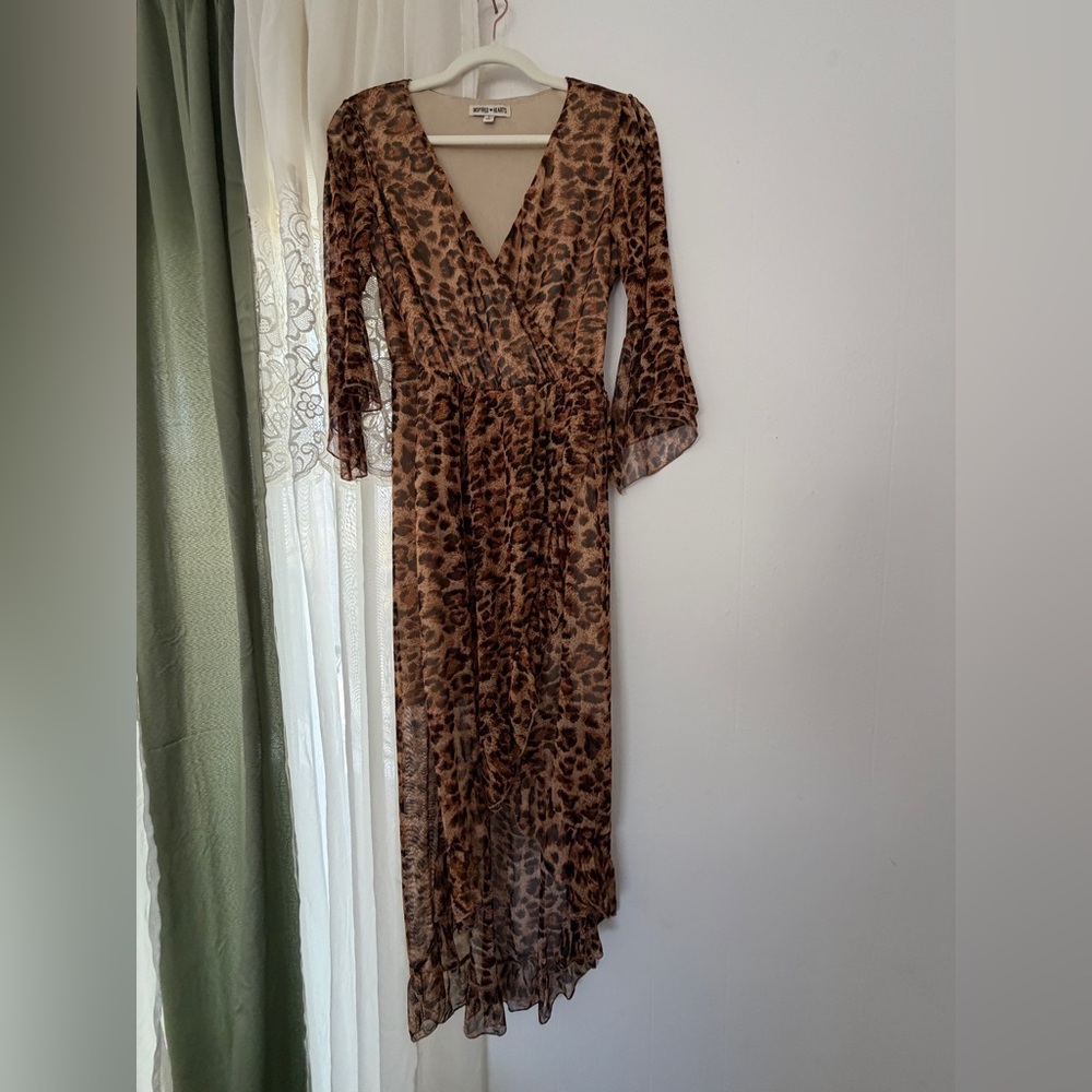 Inspired Hearts Maxi Dress Womens Large Brown Excellent Leopard High Low Mesh